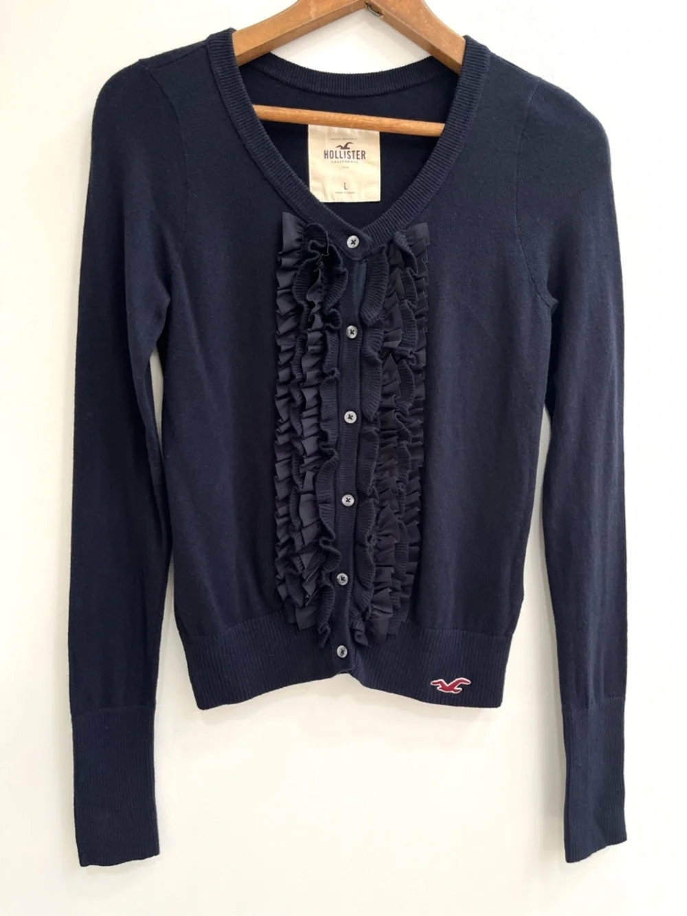 True Y2K vintage Hollister navy blue ruffled button down cardigan size large